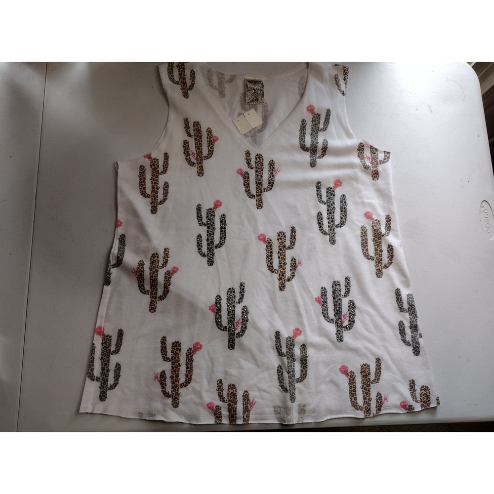 Vocal USA Womens XL Cactus Leopard Print Rhinestone V-Neck Tank Top White‎